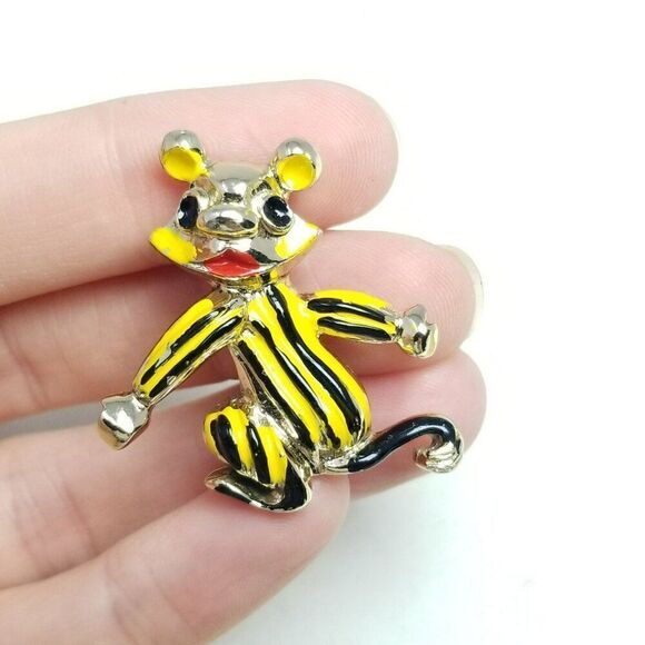 Vintage Black and Yellow Striped Enamel Animal Brooch, Ears Tail Mouse Bear - Picture 5 of 6